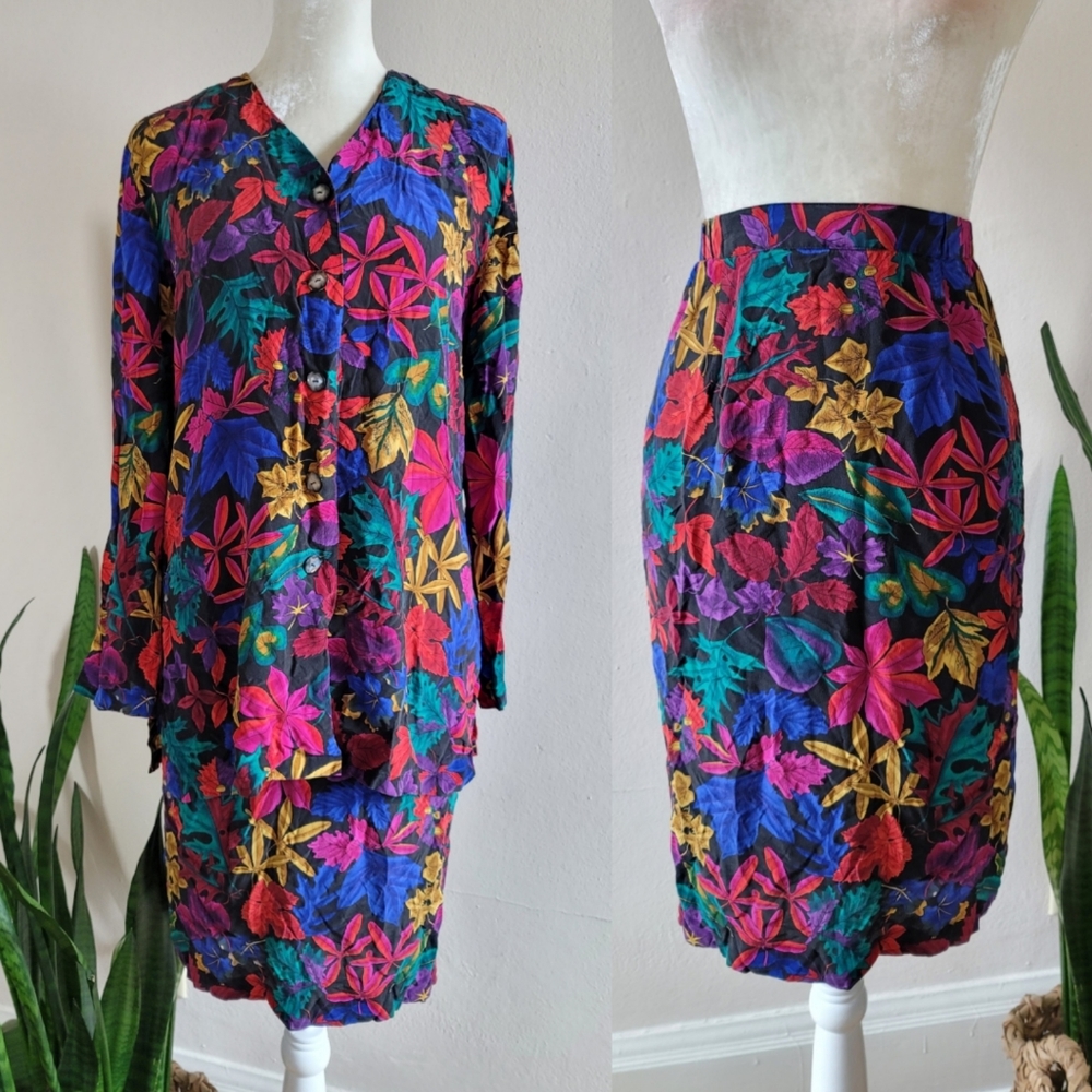 VTG 90s Silk Boutique Autumn Print Skirt Set